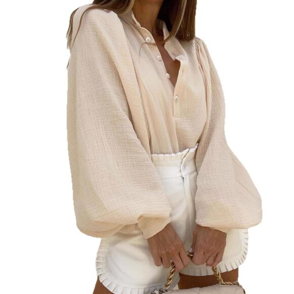 Baby Pink Casual Women's Batwing Lantern Sleeve Loose Shirt - Picture 4 of 4